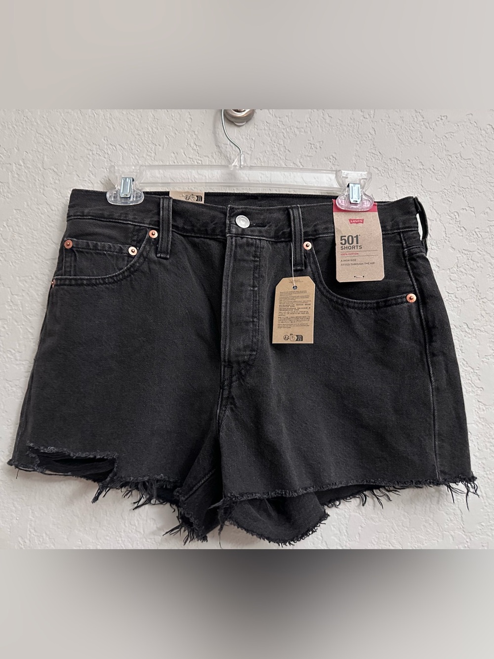 Levis Womens 501 High Rise Shorts Distressed Black Denim Button Fly Size 29